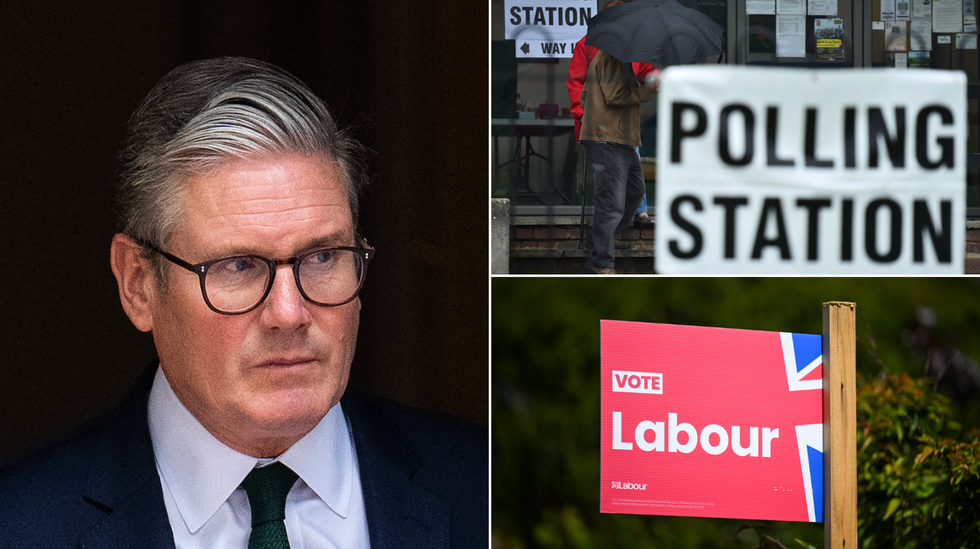 Keir Starmer (right), polling station (top right), Labour sign (bottom right)
