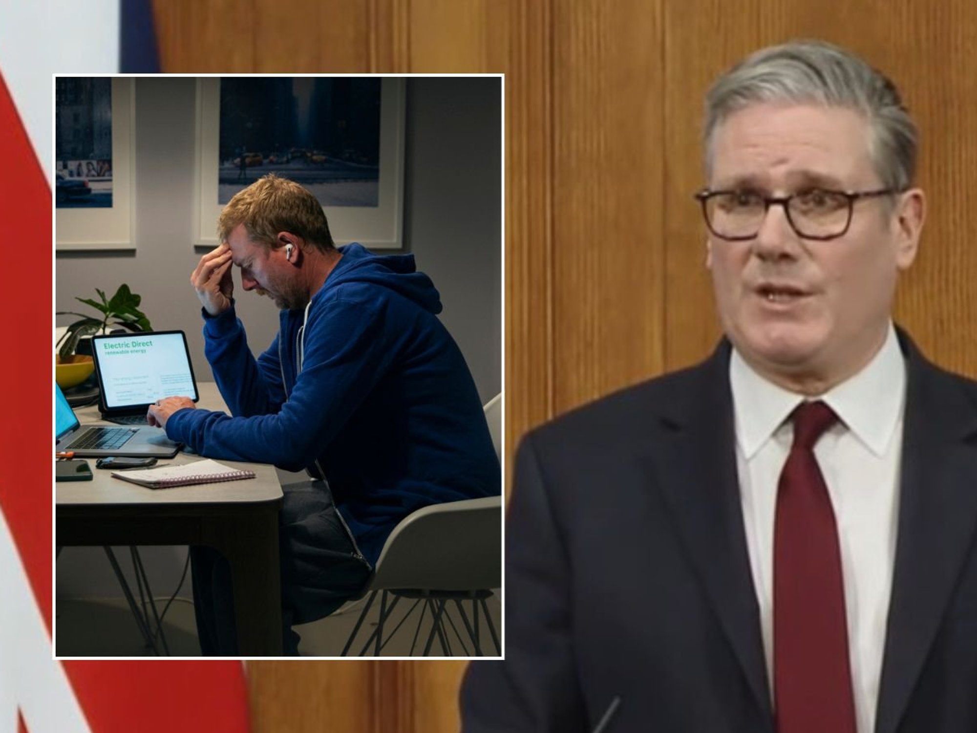 Keir Starmer speaking at event and man looking worried