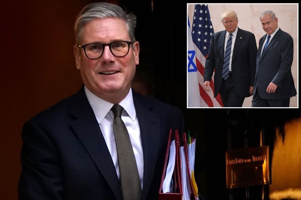 Keir Starmer with an inset of Donald Trump and Benjamin Netanyahu