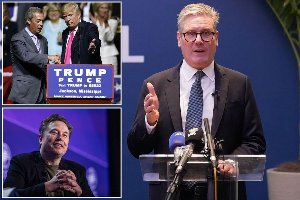 Keir Starmer with insets of Nigel Farage, Donald Trump and Elon Musk