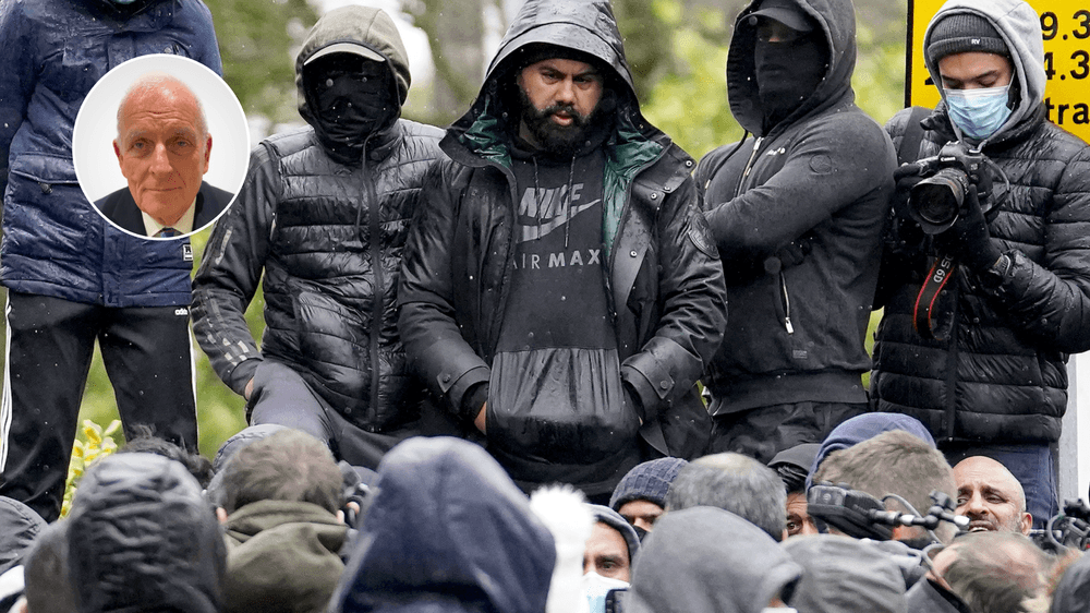 Kelvin MacKenzie (left), Batley School protest over Muhammed cartoon (right)