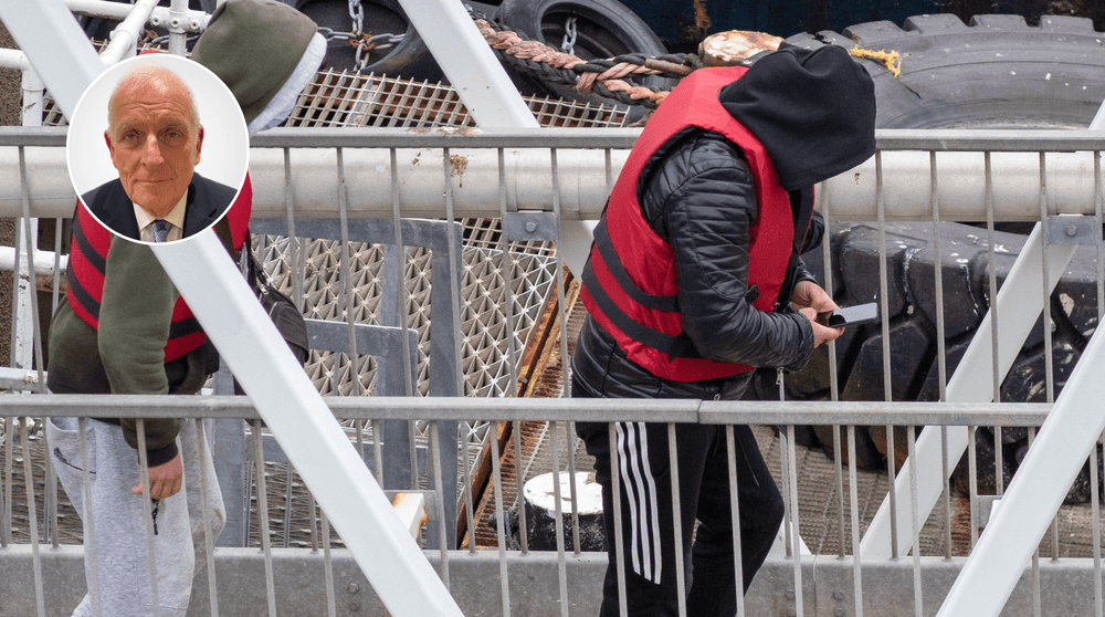 Kelvin MacKenzie (left), migrant on phone (right)