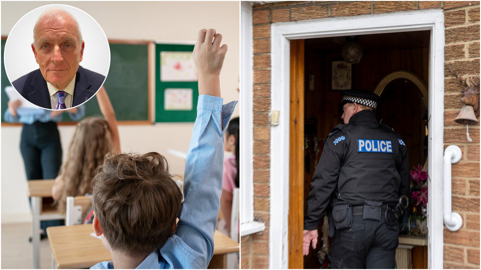 Kelvin MacKenzie, school children in a classroom and a police officer visiting a home
