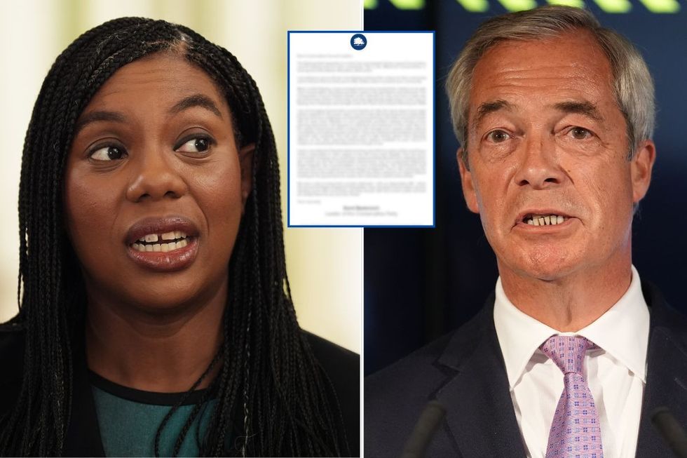 Kemi Badenoch, a mock up of a secret letter, and Nigel Farage