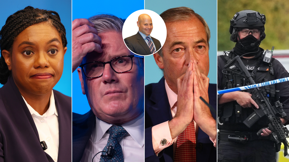 Kemi Badenoch (left), Keir Starmer (middle), Nigel Farage (right), police officer at Manchester synagogue (right)