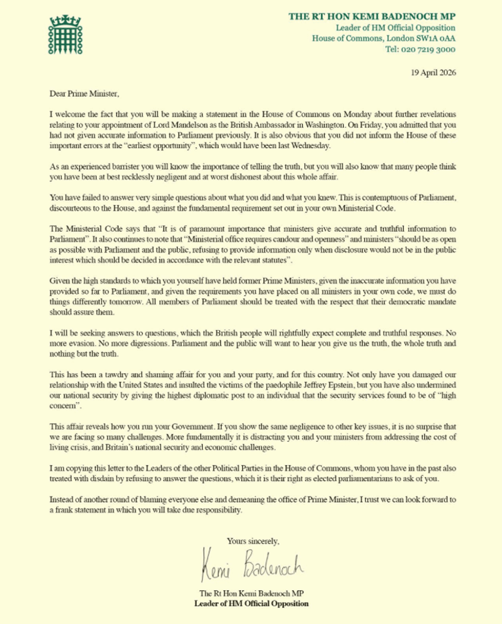 Kemi Badenoch letter to Sir Keir Starmer