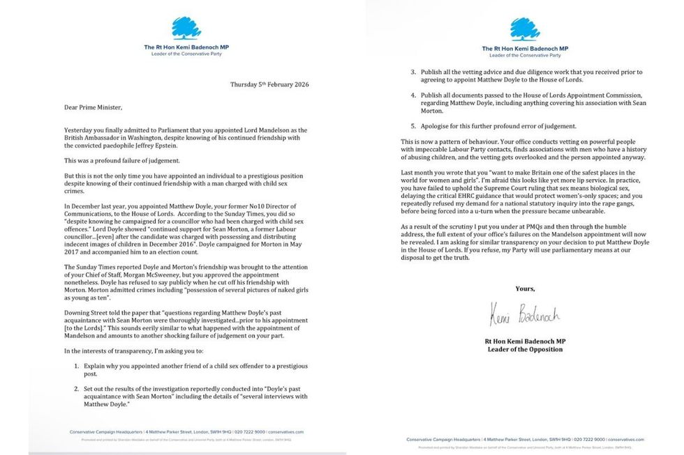 Kemi Badenoch penned a letter to Sir Keir Starmer last week