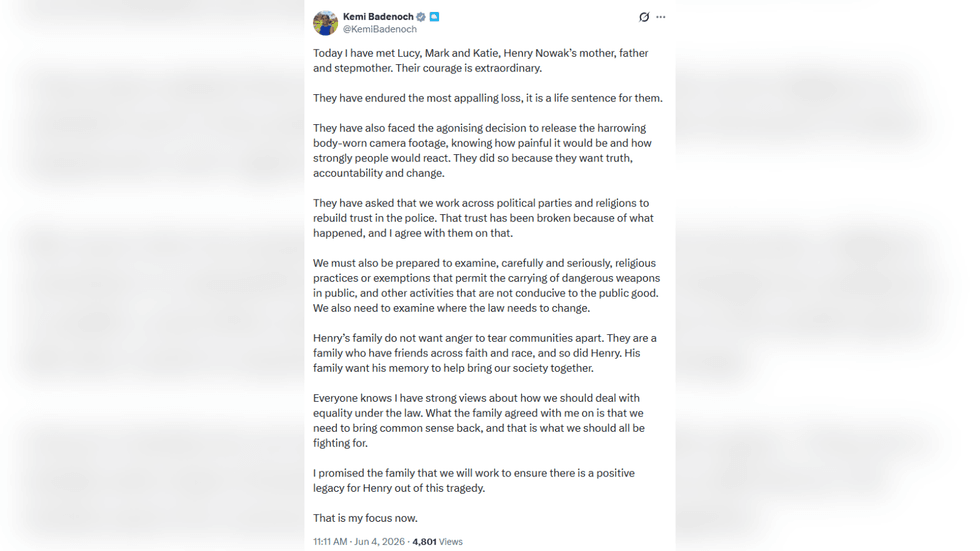 Kemi Badenoch's full statement post-meeting with Nowak family