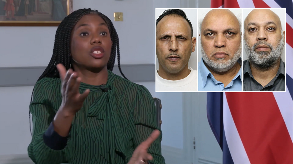 Kemi Badenoch with an inset image of Ibrar Hussain and brothers Imtiaz and Fayaz Ahmed