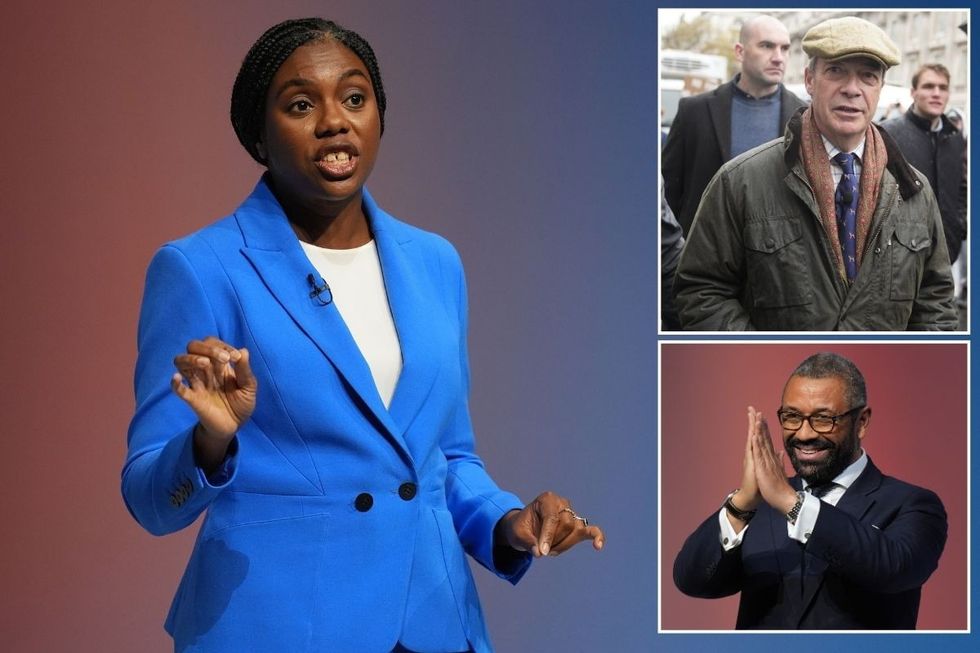 Kemi Badenoch with insets of Nigel Farage and James Cleverly