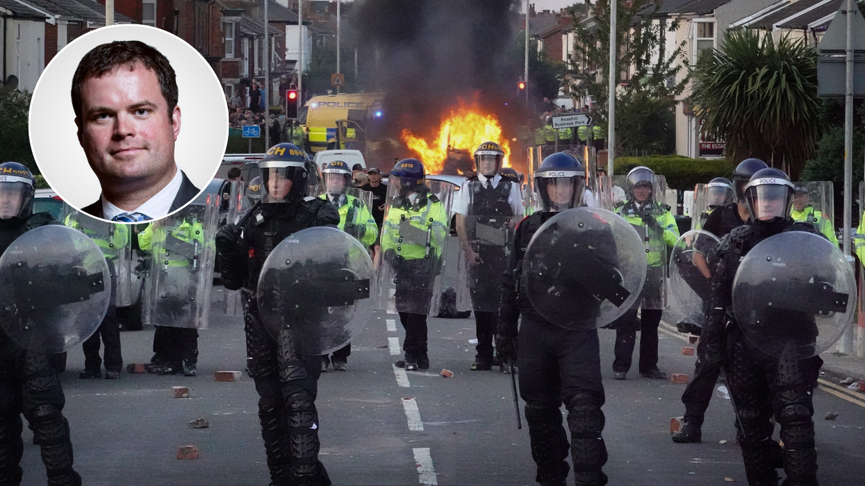 Kevin Foster and UK riot police