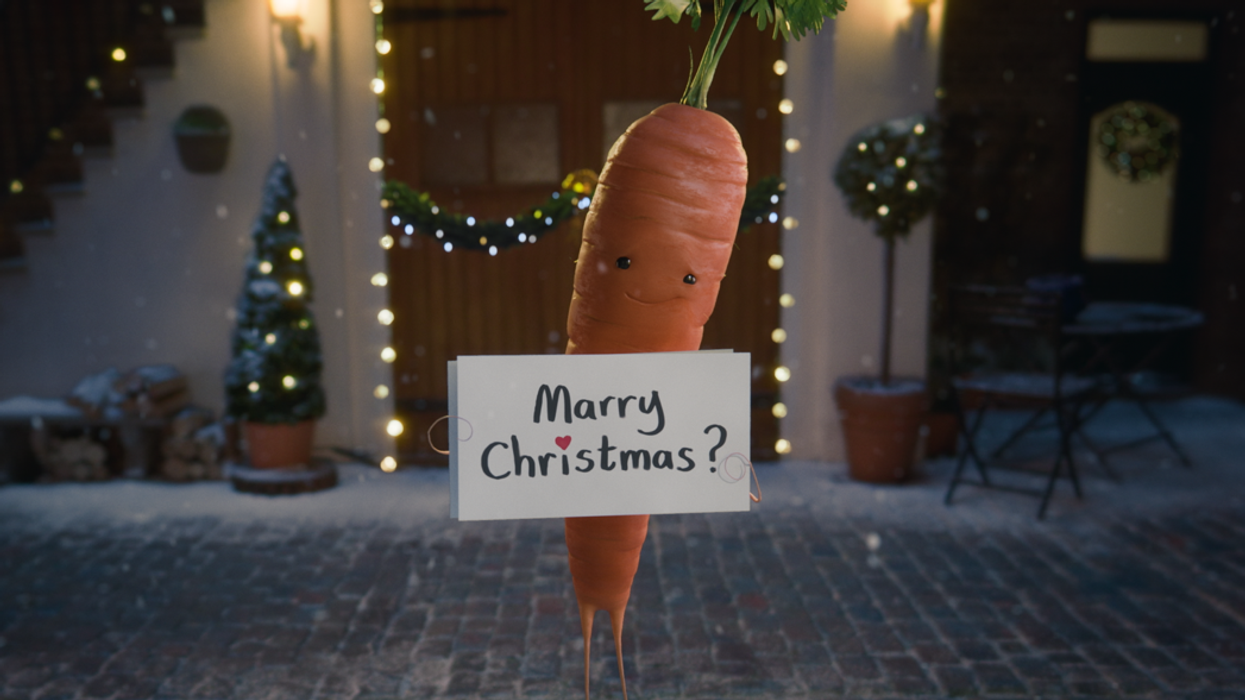 Kevin the Carrot proposing at Christmas