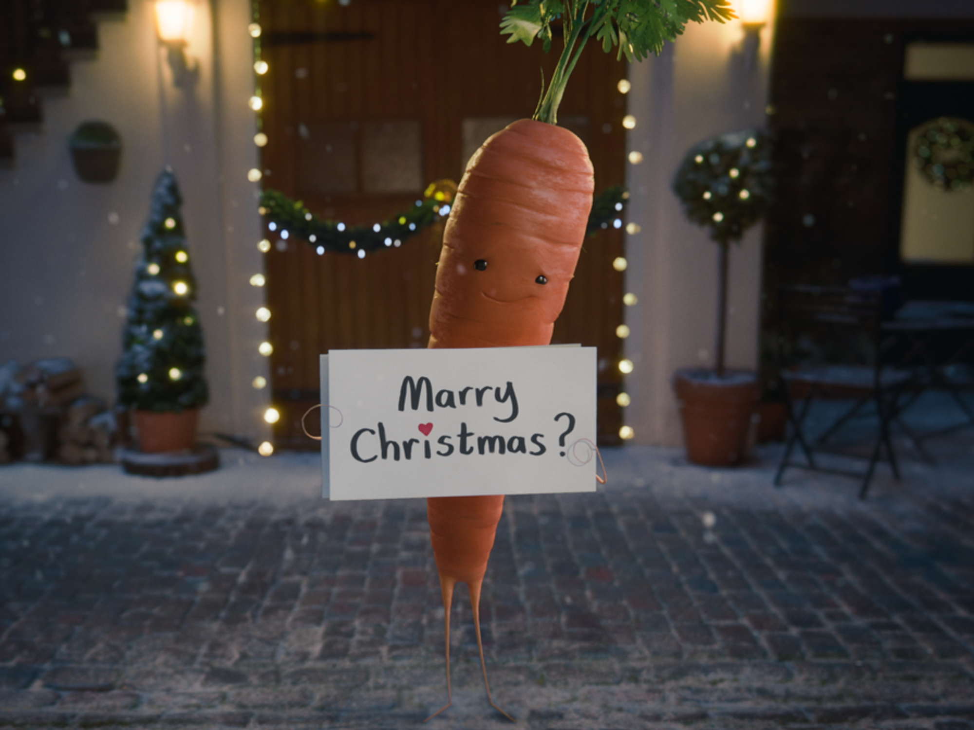 Kevin the Carrot proposing at Christmas