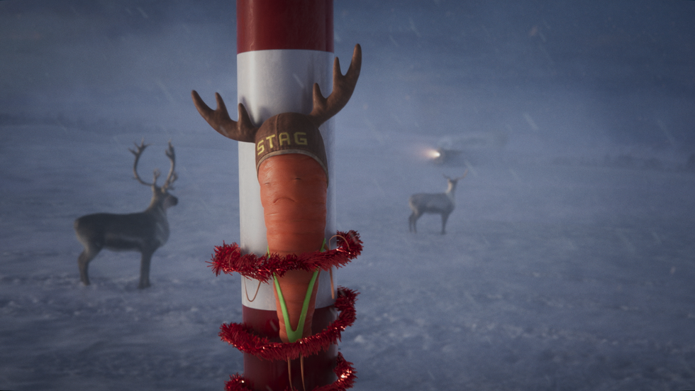 Kevin the Carrot strapped to the North Pole in a mankini