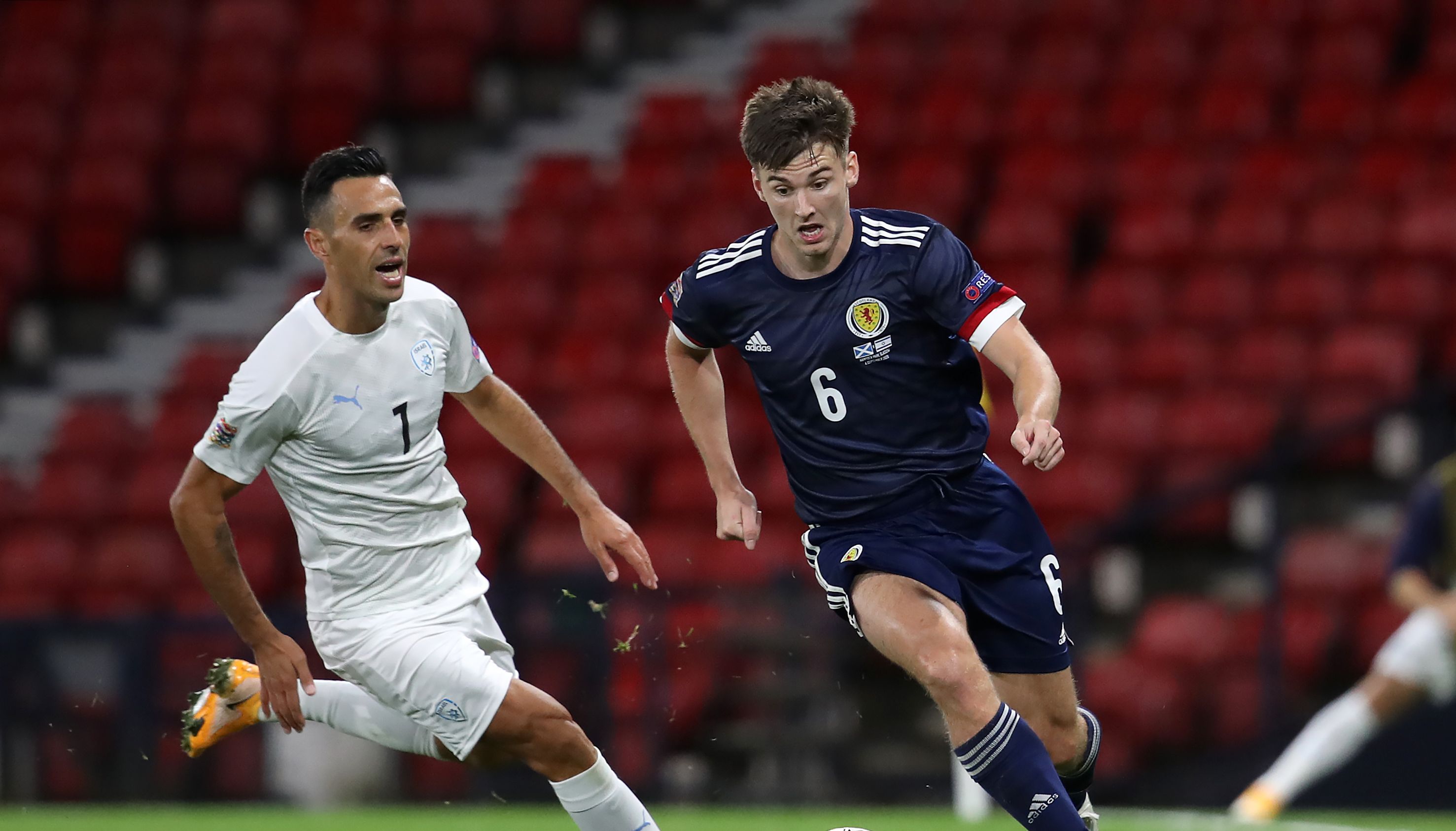 Kieran Tierney and Israel's Eran Zahavi during the UEFA Nations League Group F match at Hampden Park.
