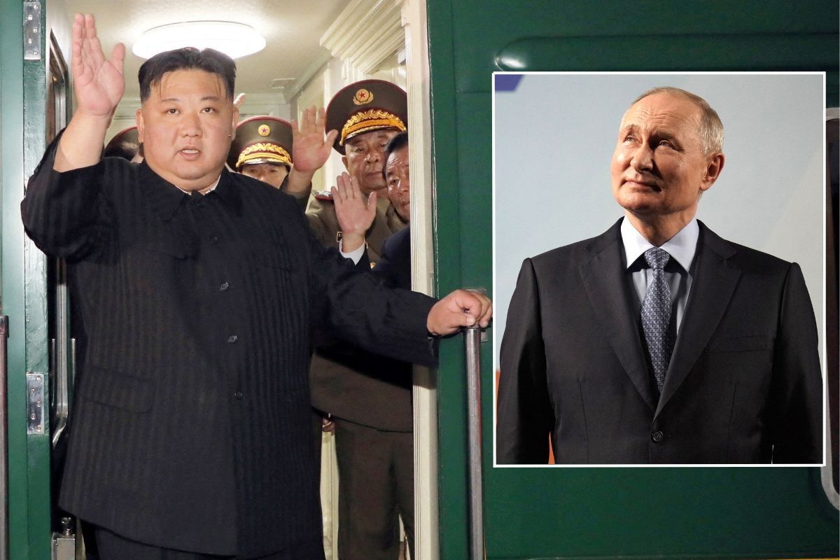 Kim Jong un (left) arriving in Russia and Vladimir Putin (right)