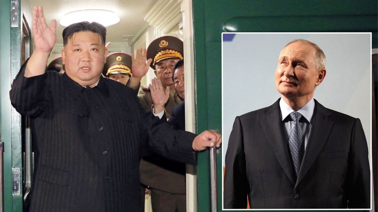 Kim Jong un (left) arriving in Russia and Vladimir Putin (right)