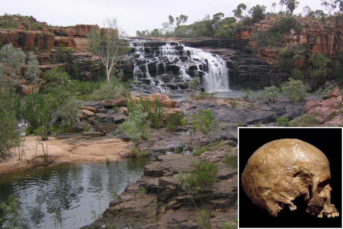 Kimberley region in Australia with an inset of the skull of an ancient human
