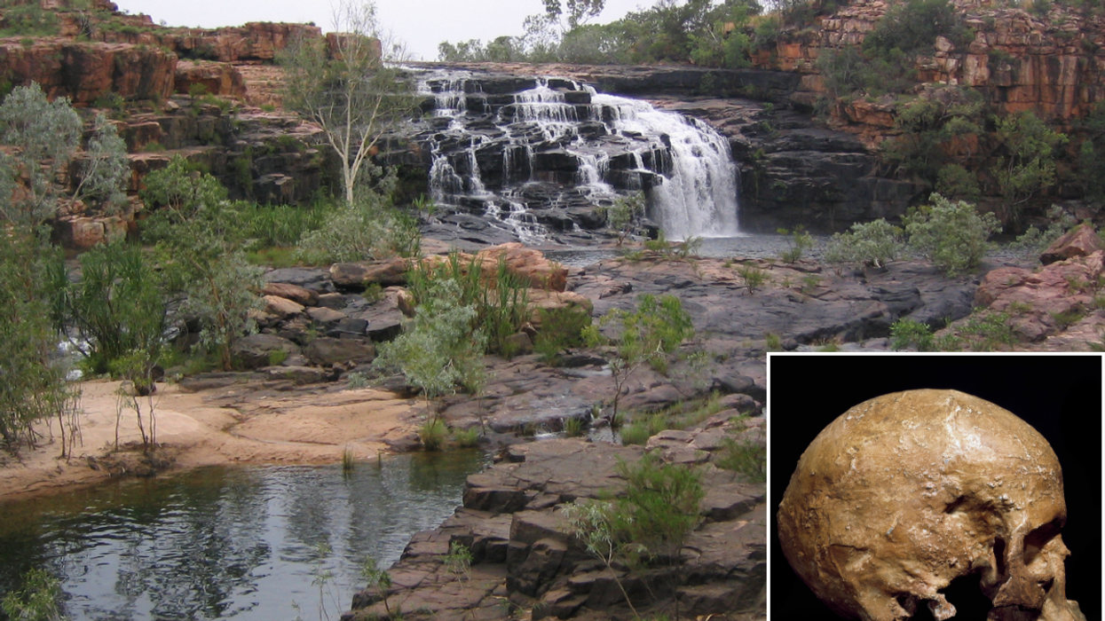 Kimberley region in Australia with an inset of the skull of an ancient human
