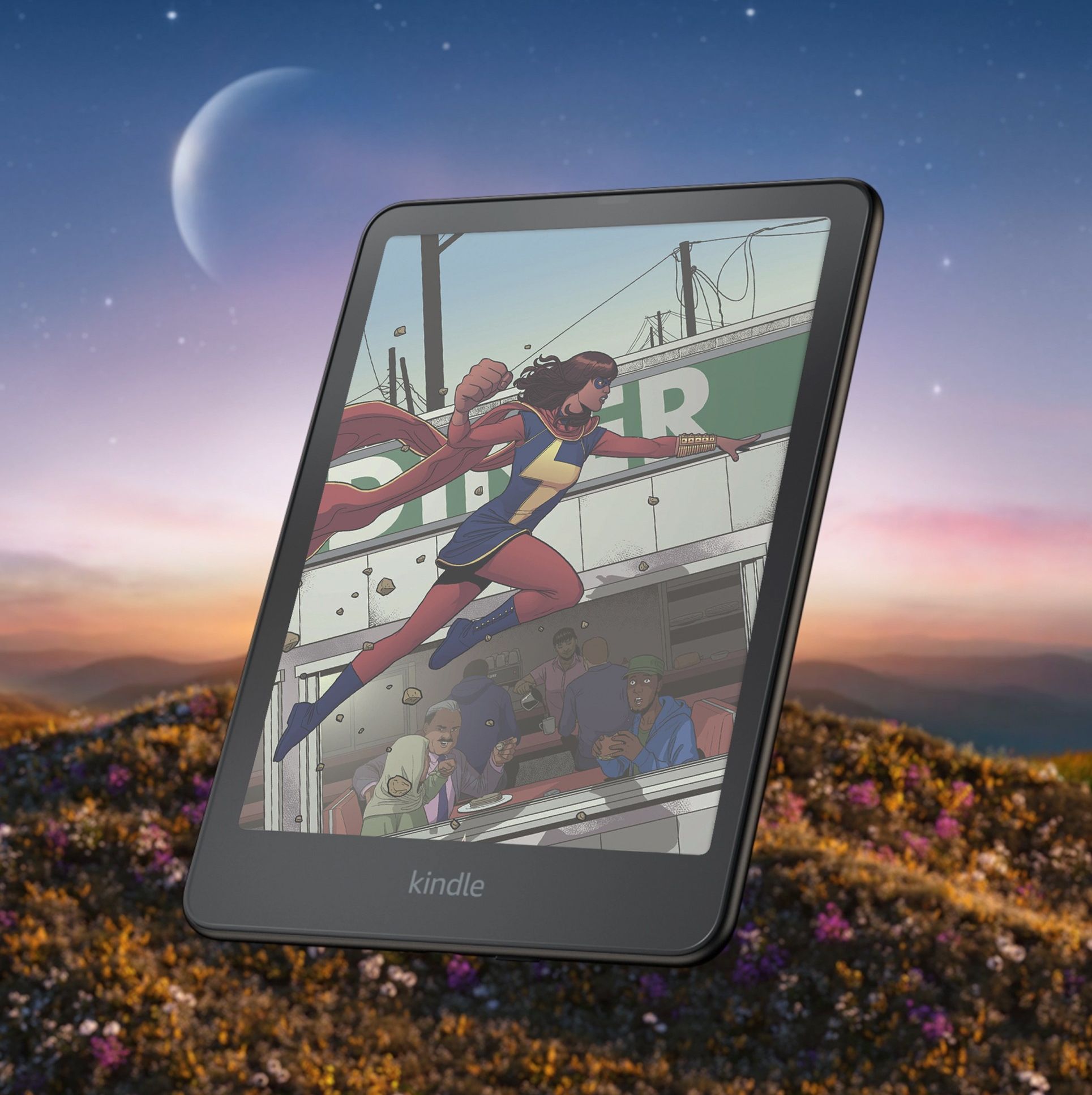 kindle colorsoft with colour screen showing a panel from a comicbook