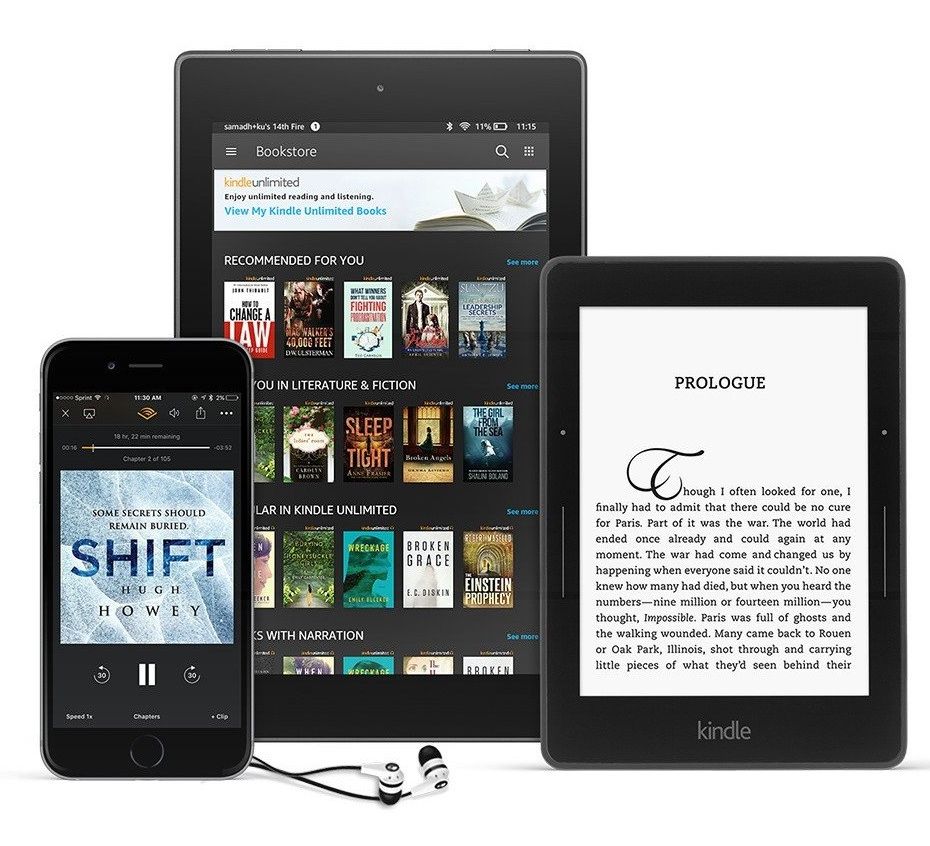 kindle ereader android tablet and smartphone pictured running the kindle app with access to the books and audiobooks included with a kindle unlimited subscription