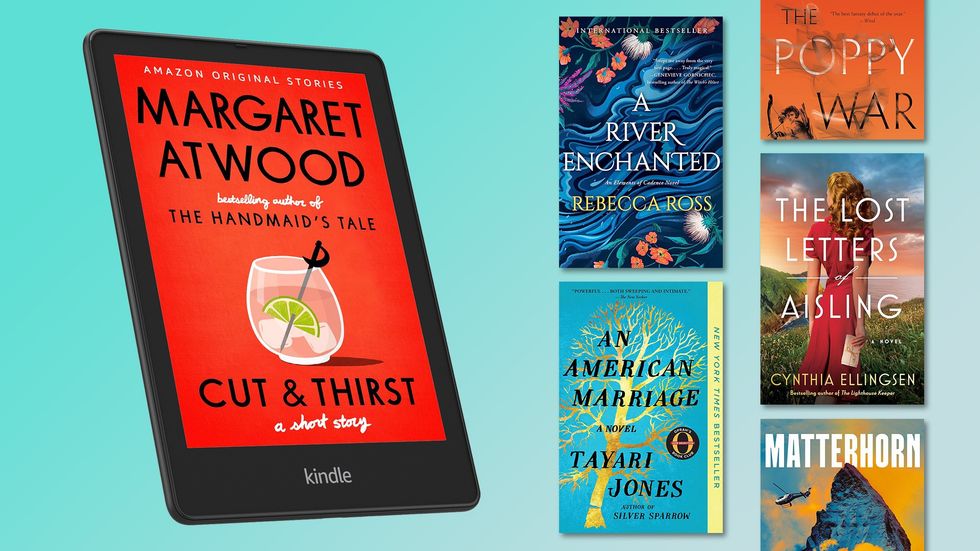 kindle ereader with margaret atwood on-screen and a selection of other books included in kindle unlimited