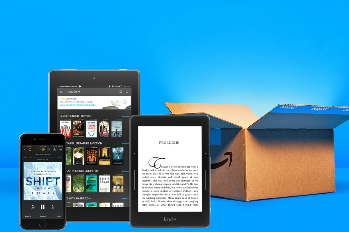 kindle unlimited service shown on an iphone kindle and tablet with a prime day shipping box in the background