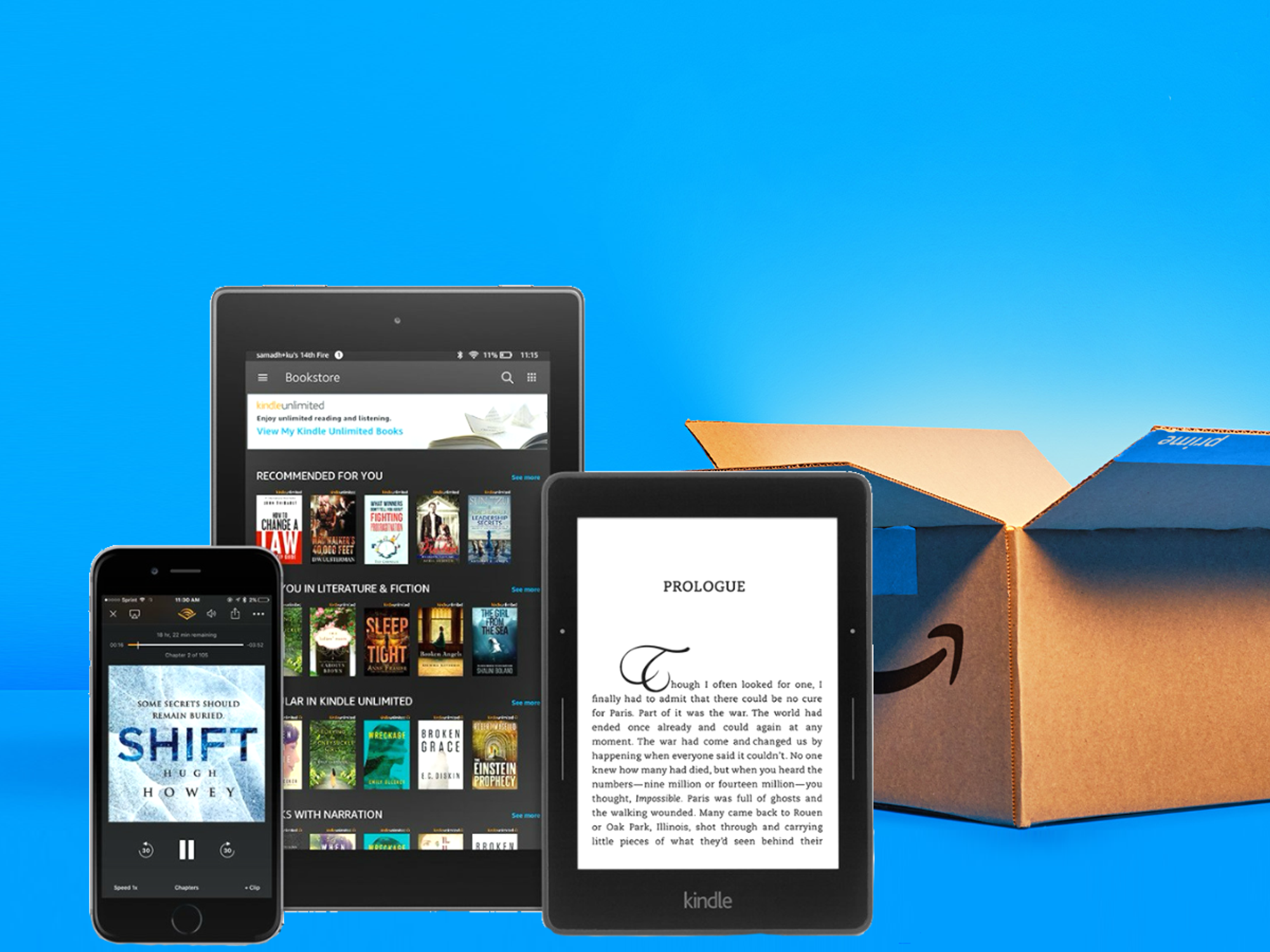 kindle unlimited service shown on an iphone kindle and tablet with a prime day shipping box in the background