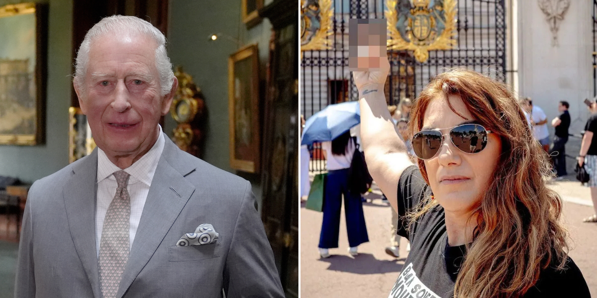King Charles heckler makes rude gesture outside Buckingham Palace in fresh dig at monarch King Charles heckler makes rude gesture outside Buckingham Palace in fresh dig at monarch
