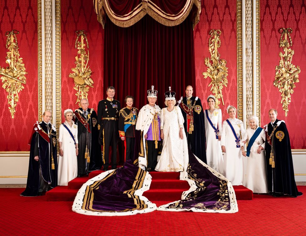 King Charles and Queen Camilla with Prince William, Princess Kate, the Duchess of Edinburgh, Lady Ogilvy, the Duke of Edinburgh, Princess Anne, Vice Admiral Sir Tim Laurence, the Duke of Gloucester, the Duchess of Gloucester and the Duke of Kent