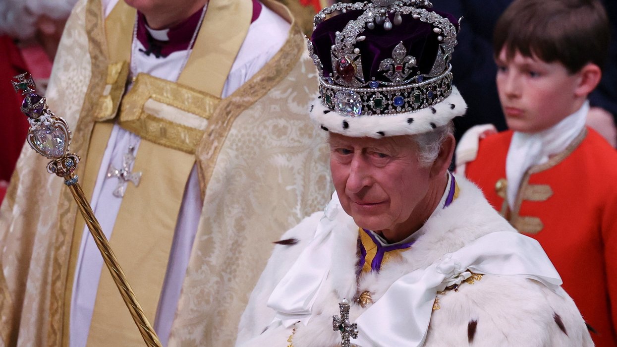 King Charles at the Coronation ceremony in Westminster Abbey on Saturday