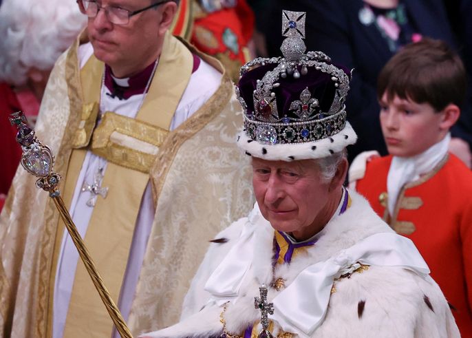 King Charles at the Coronation ceremony in Westminster Abbey on Saturday