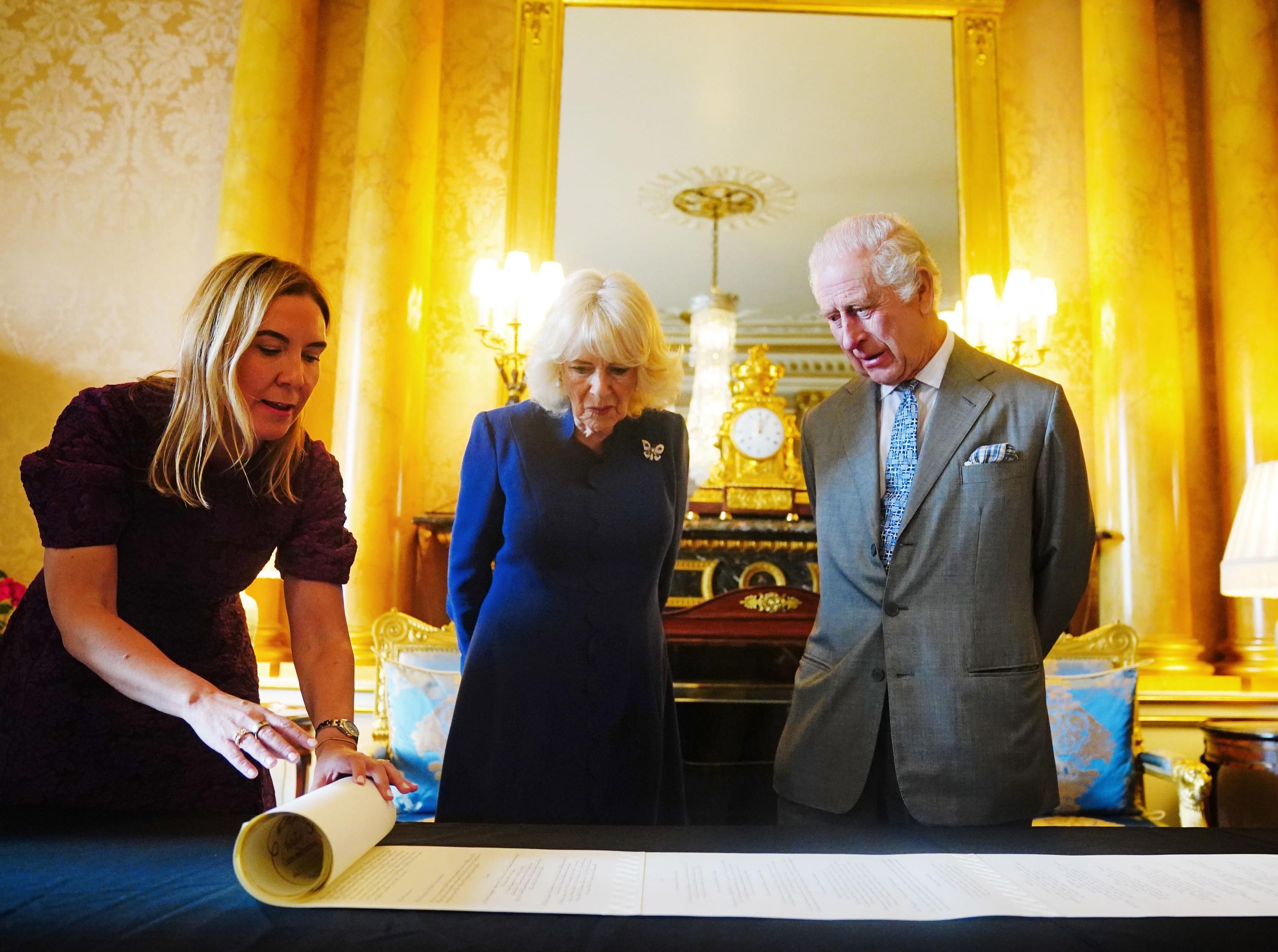 King Charles III and Queen Camilla are presented with the Coronation Roll