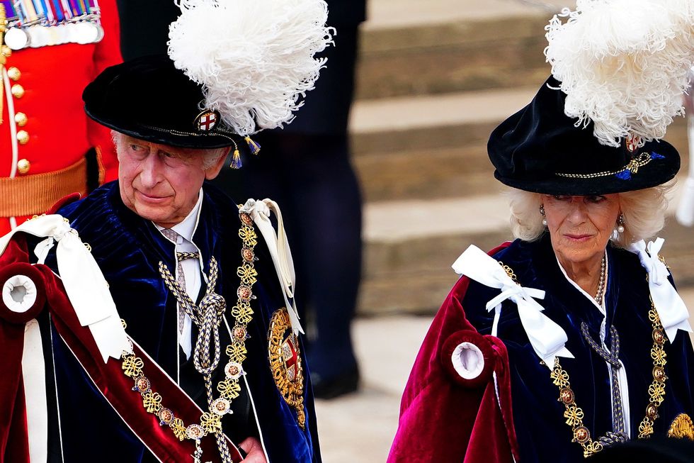King Charles III and Queen Camilla arrive to attend the annual Order of the Garter Service at St George's Chapel