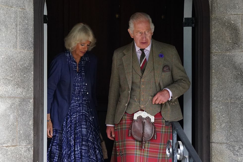 King Charles III and Queen Camilla leave Crathie Parish Church, near Balmoral, after a church service, to mark the first anniversary of the death of Queen Elizabeth II