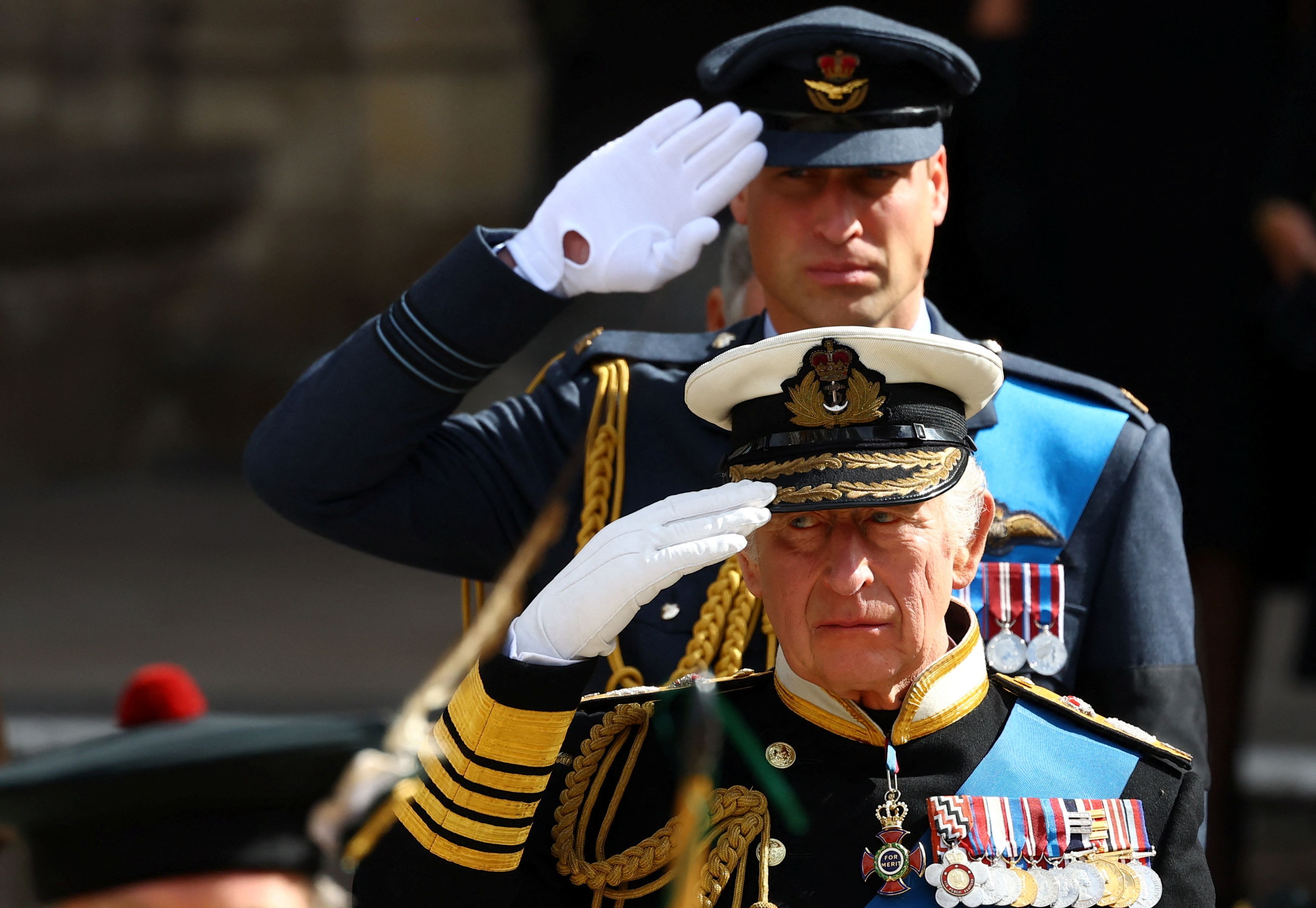 King Charles III and the Prince of Wales at the State Funeral of Queen Elizabeth II, held at Westminster Abbey, London.