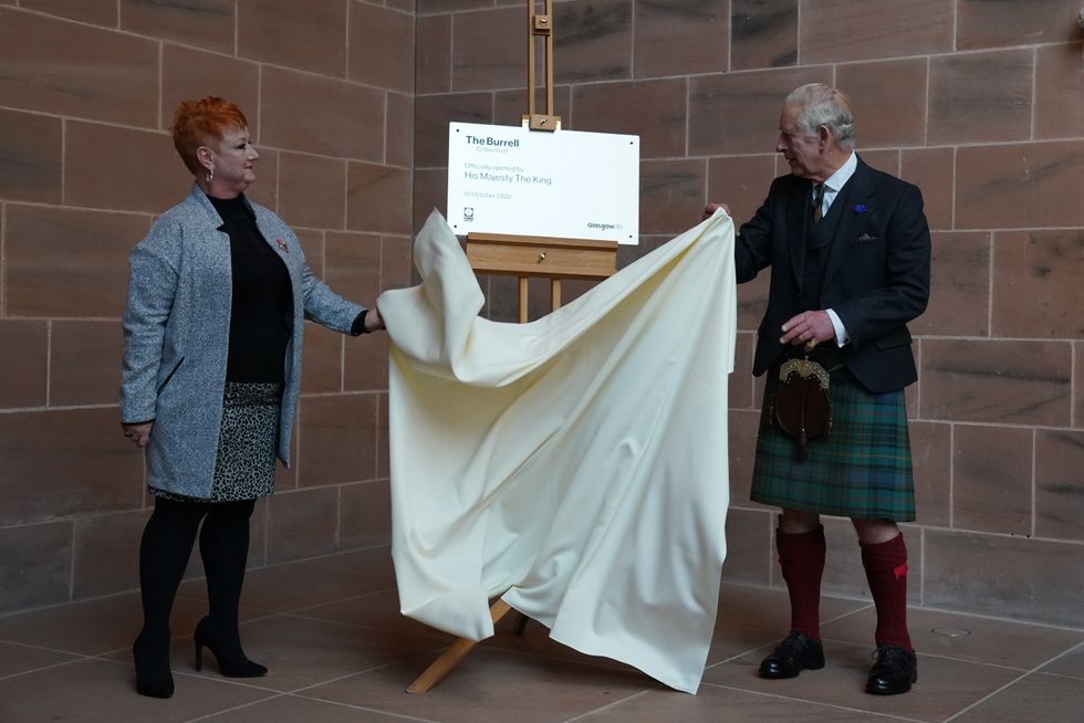 King Charles III during a visit to the Burrell Collection to officially re-open it following its six-year long refurbishment, at Pollok Country Park in Glasgow. Picture date: Thursday October 13, 2022.
