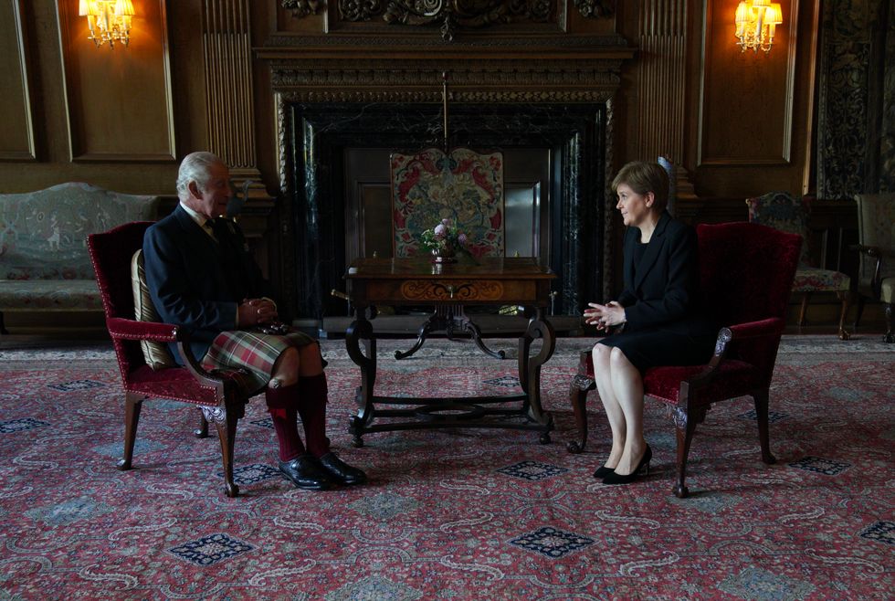 King Charles III during an audience with the First Minister of Scotland Nicola Sturgeon at the Palace of Holyroodhouse, Edinburgh. Picture date: Monday September 12, 2022.