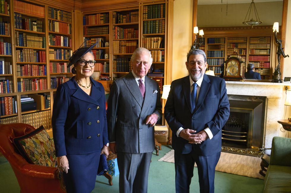 King Charles III during an audience with the Prime Minister of St Vincent and the Grenadines, Ralph Gonsalves, and Mrs Eloise Gonsalves, at Balmoral in Scotland. Picture date: Saturday October 1, 2022.