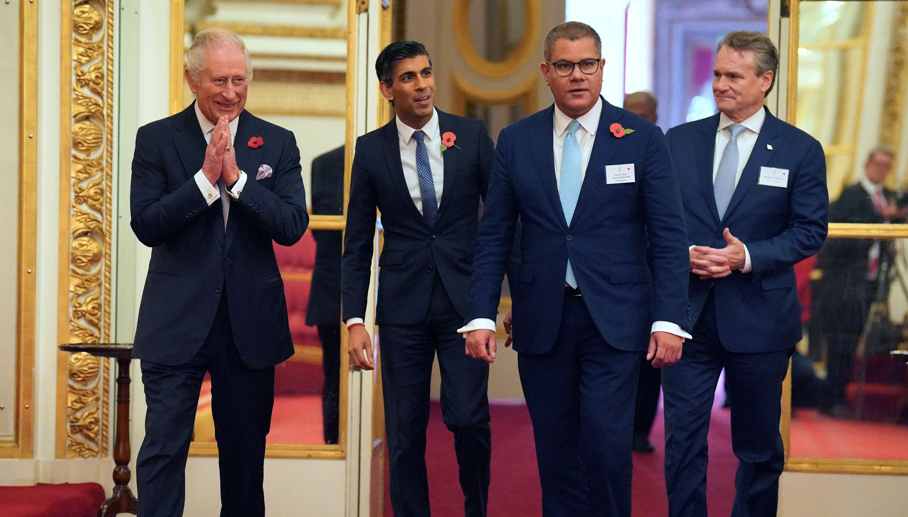 King Charles III (far left) arrives with, (left to tight) Prime Minister Rishi Sunak, Alok Sharma (centre) who presided over Cop26 and Brian Moynihan, Chair and CEO of Bank of America and Co-Chair of Sustainable Markets Initiative, during a reception for world leaders, business figures, environmentalists and NGOs, at Buckingham Palace, London, ahead of the Cop27 Summit. Picture date: Friday November 4, 2022.