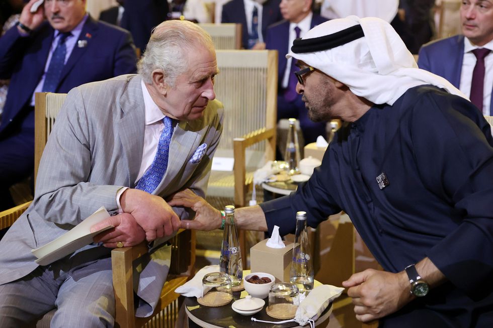 King Charles III speaks with the President of the United Arab Emirates Mohamed bin Zayed Al Nahyan as they attend the opening ceremony of the World Climate Action Summit at Cop28