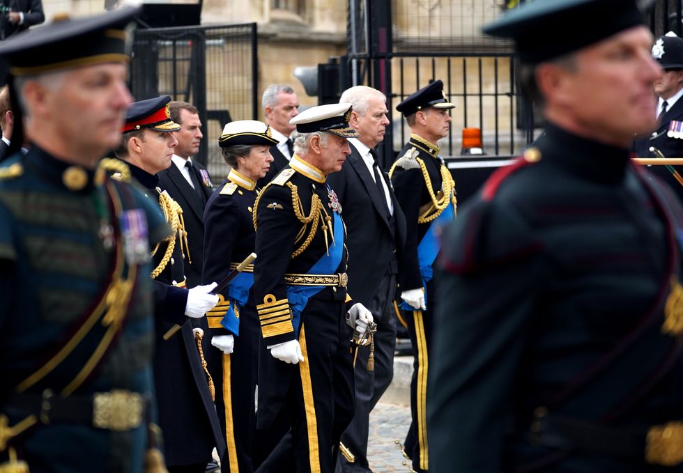 King Charles III, the Princess Royal, the Duke of York and the Earl of Wessex as the coffin of Queen Elizabeth II leaves Westminster Hall for the State Funeral at Westminster Abbey, London. Picture date: Monday September 19, 2022.