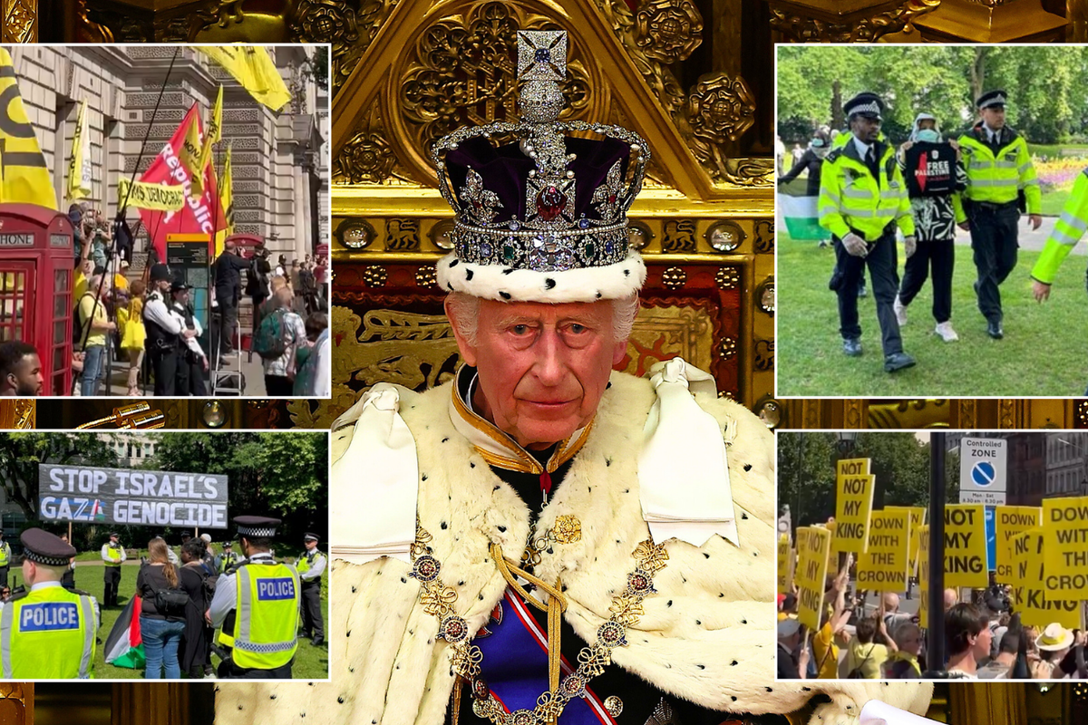 King Charles in Parliament/Protesters in London