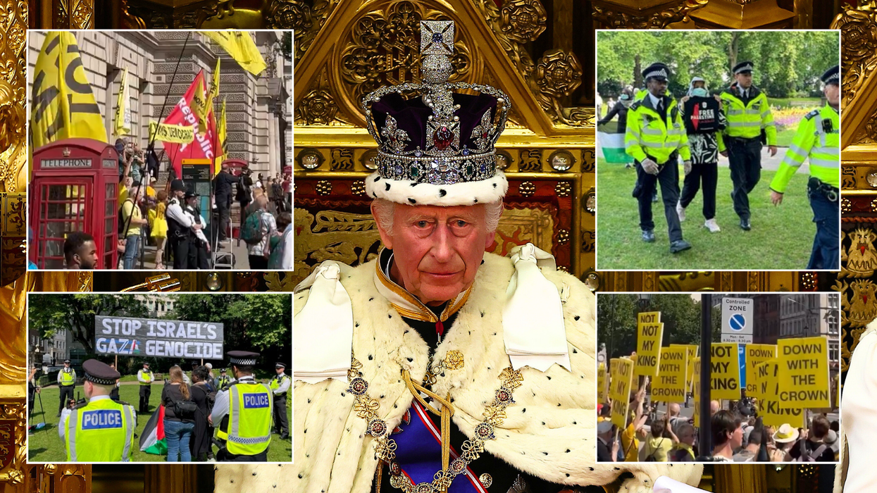 King Charles in Parliament/Protesters in London