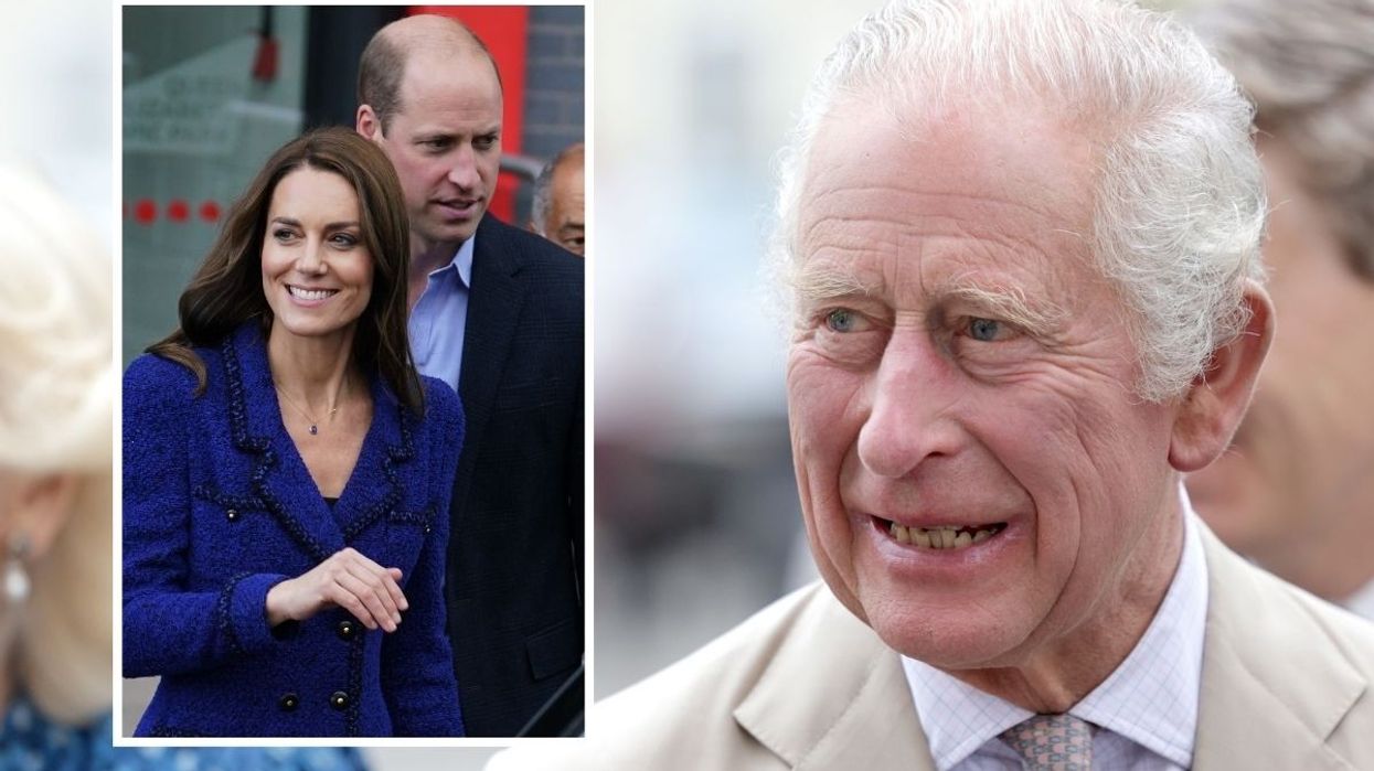 King Charles, inset Prince William and Kate Middleton