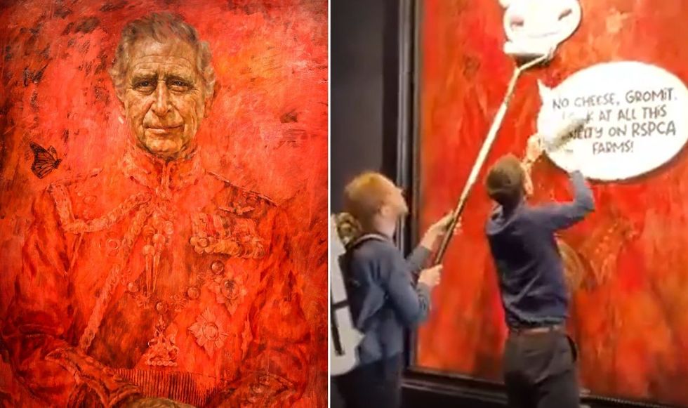 King Charles official portrait and animal rights activists vandalising the King's portrait