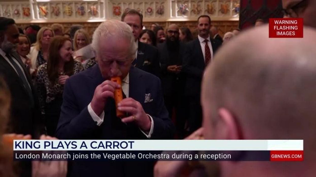 Watch the moment King Charles plays recorder made from carrot at London reception