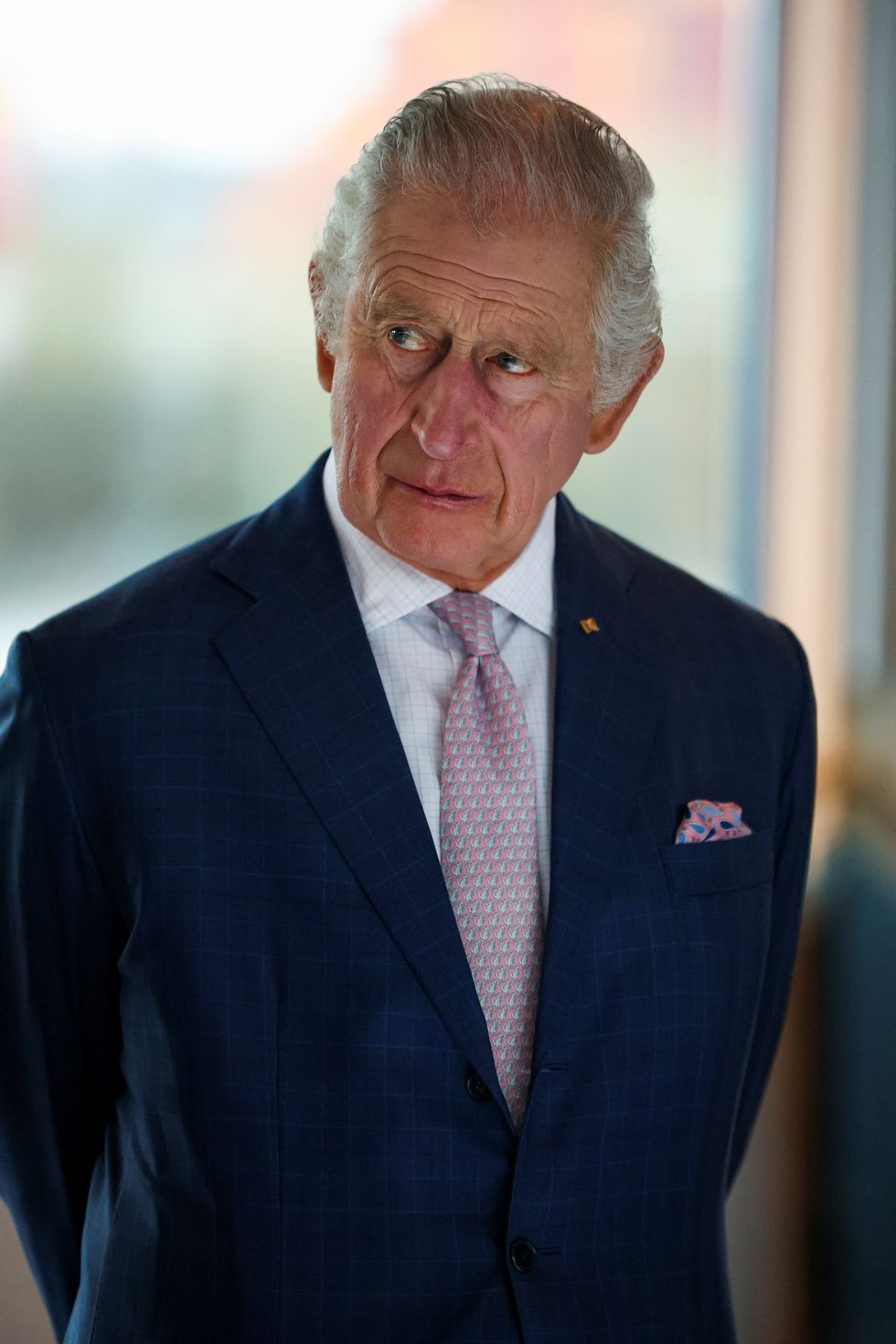 King Charles stands with his hands behind his back