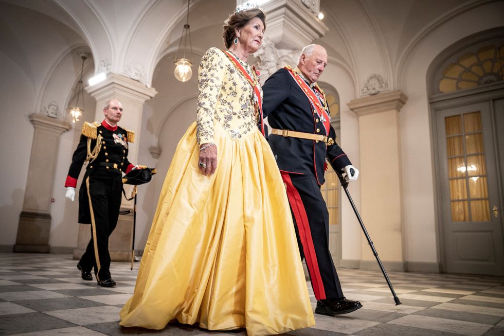 King Harald V and Queen Sonja of Norway arrive to a gala banquet held to mark the 50th anniversary of Danish Queen Margrethe's accession to the throne, at Christiansborg Palace in Copenhagen, Denmark, September 11, 2022. Mads Claus Rasmussen/Ritzau Scanpix/via REUTERS ATTENTION EDITORS - THIS IMAGE WAS PROVIDED BY A THIRD PARTY. DENMARK OUT. NO COMMERCIAL OR EDITORIAL SALES IN DENMARK.