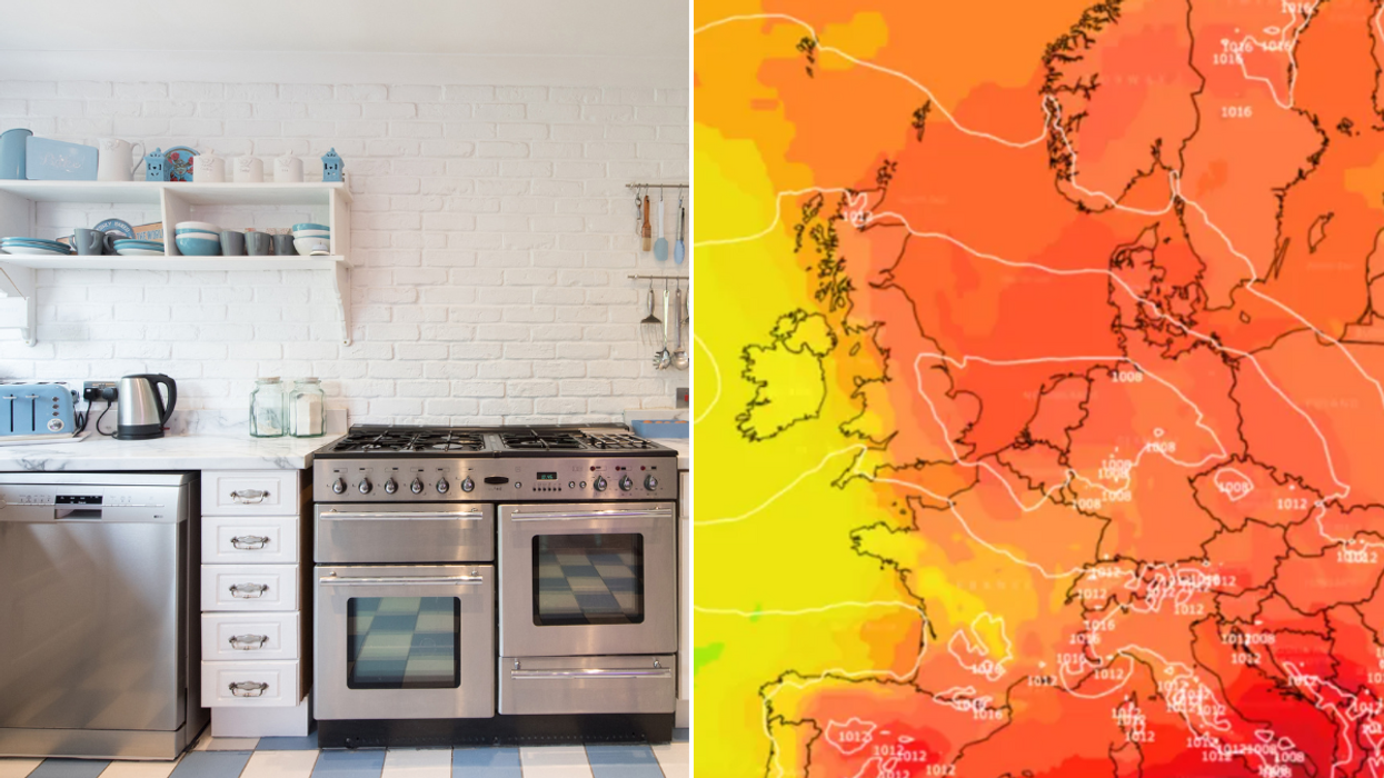 Kitchen appliances and weather map